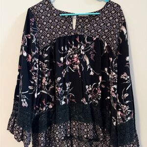 Mystree Black Floral Boho Tunic with Pink and Cream Accents